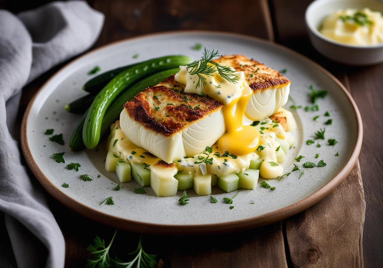 Baked Cod Fillet on Potato-Cucumber Vegetable