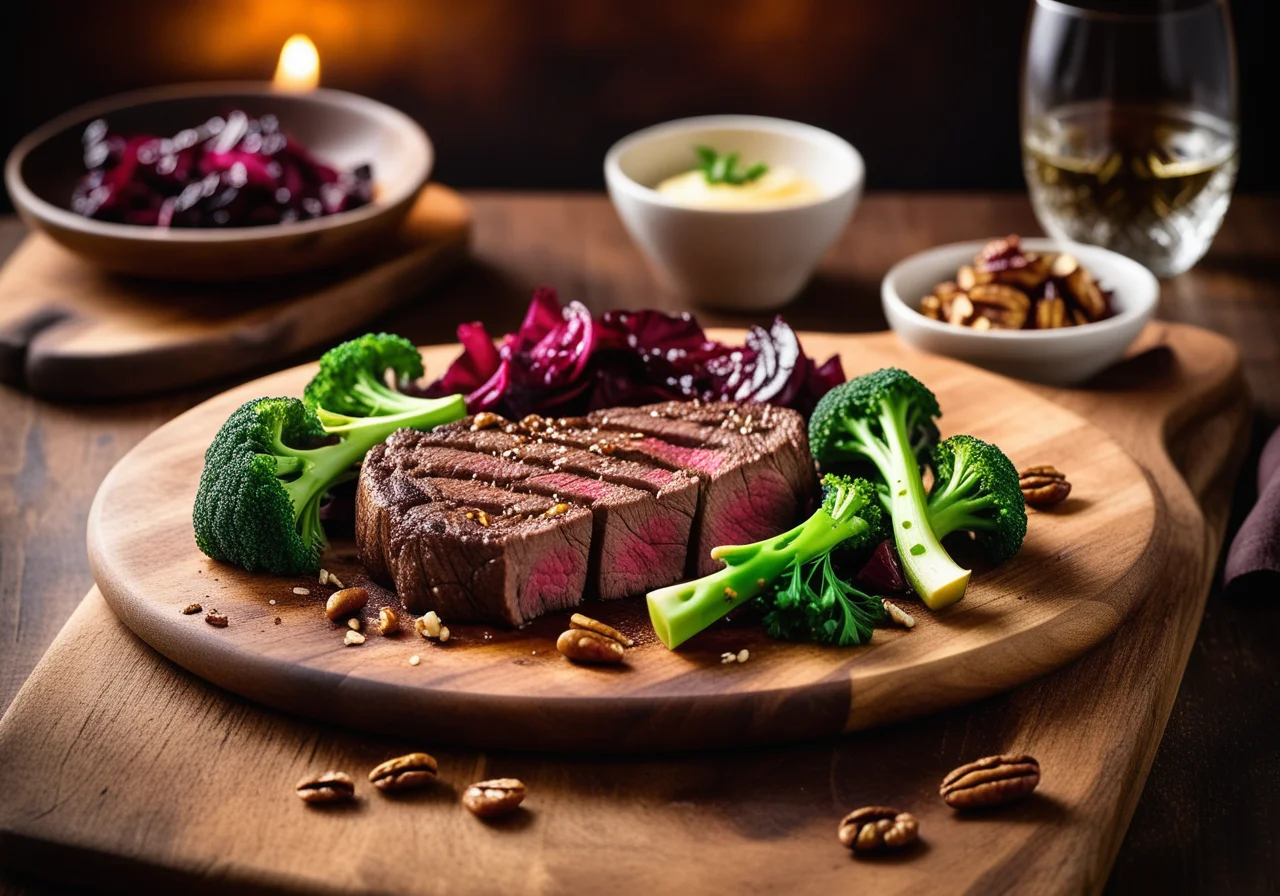 Steak with Broccoli, Radicchio and Pear