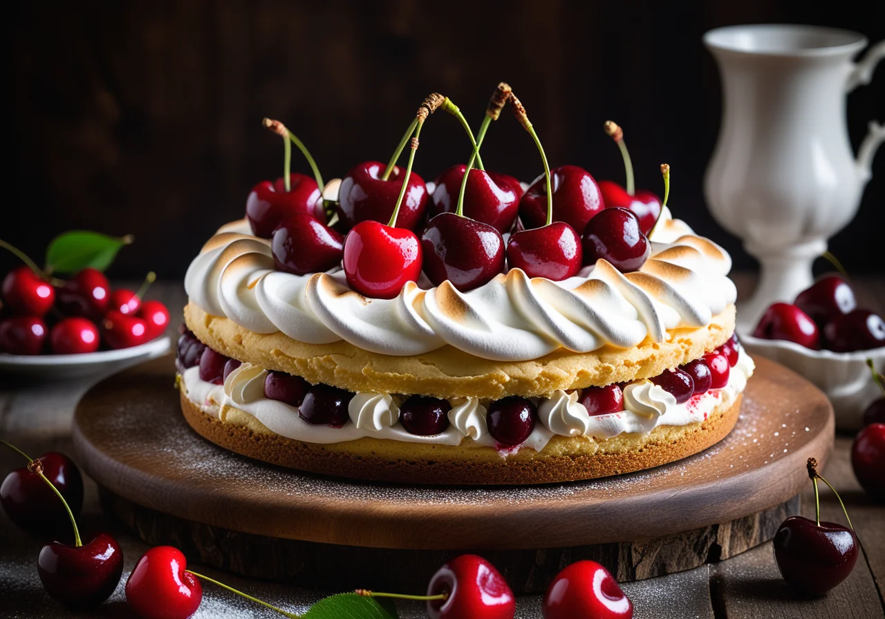Cake with Cherry Meringue Cap