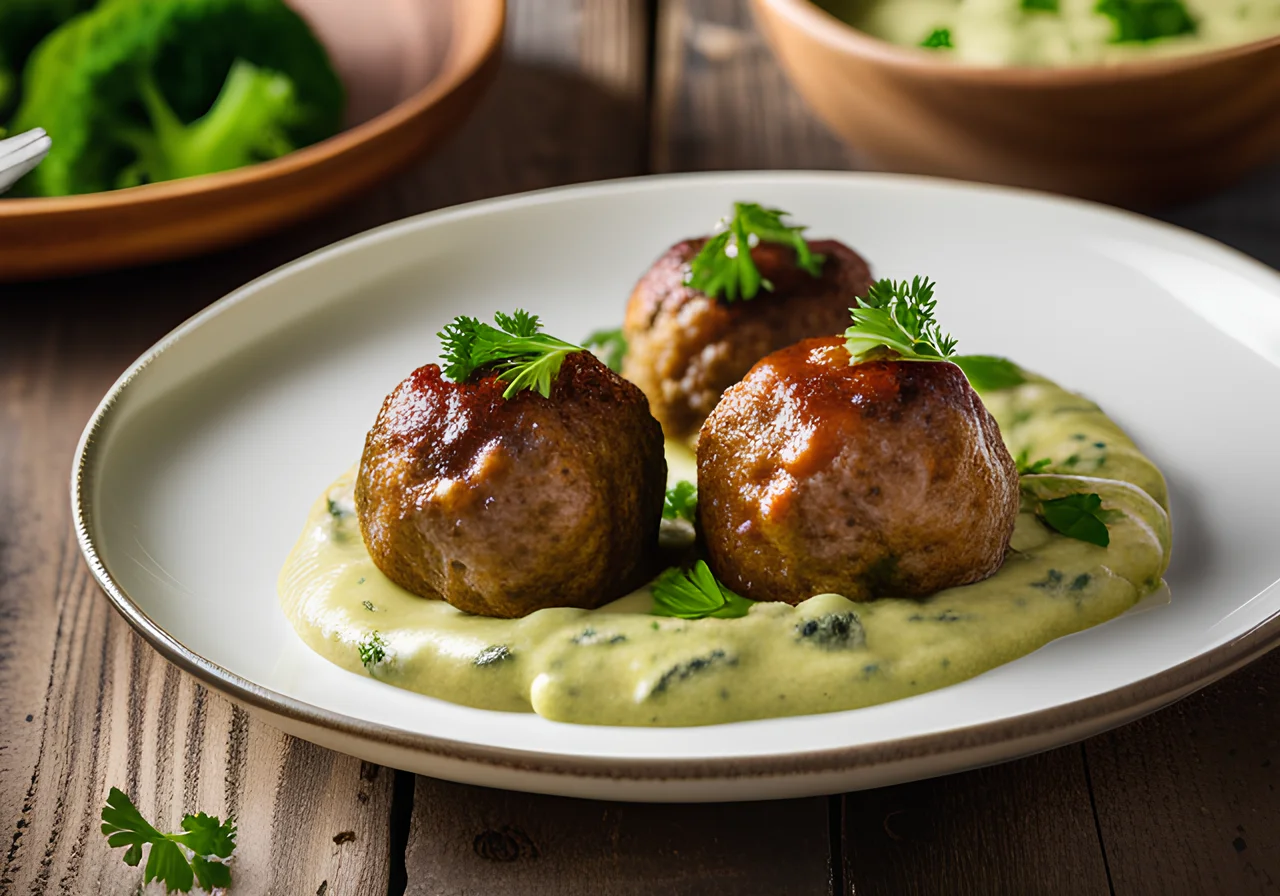 Colorful Frikadellen with Potato and Broccoli Puree