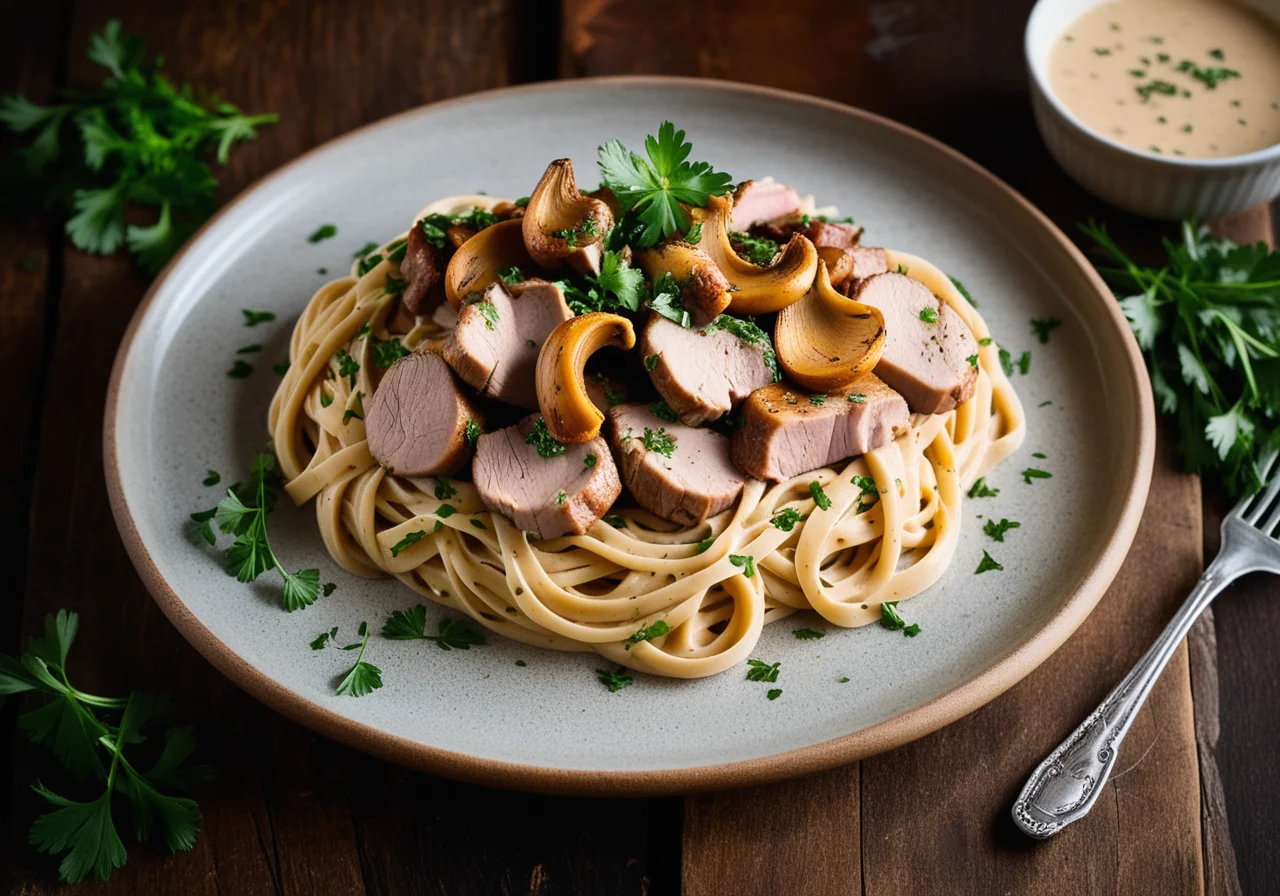 Spicy Meat with Chanterelles and Pasta