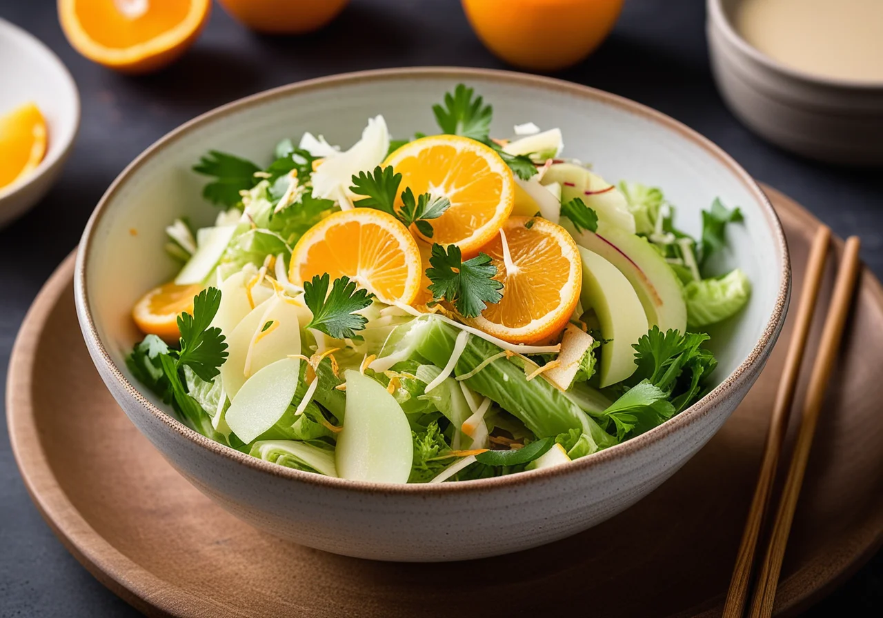 Chinese cabbage salad with celery, fruit and croutons