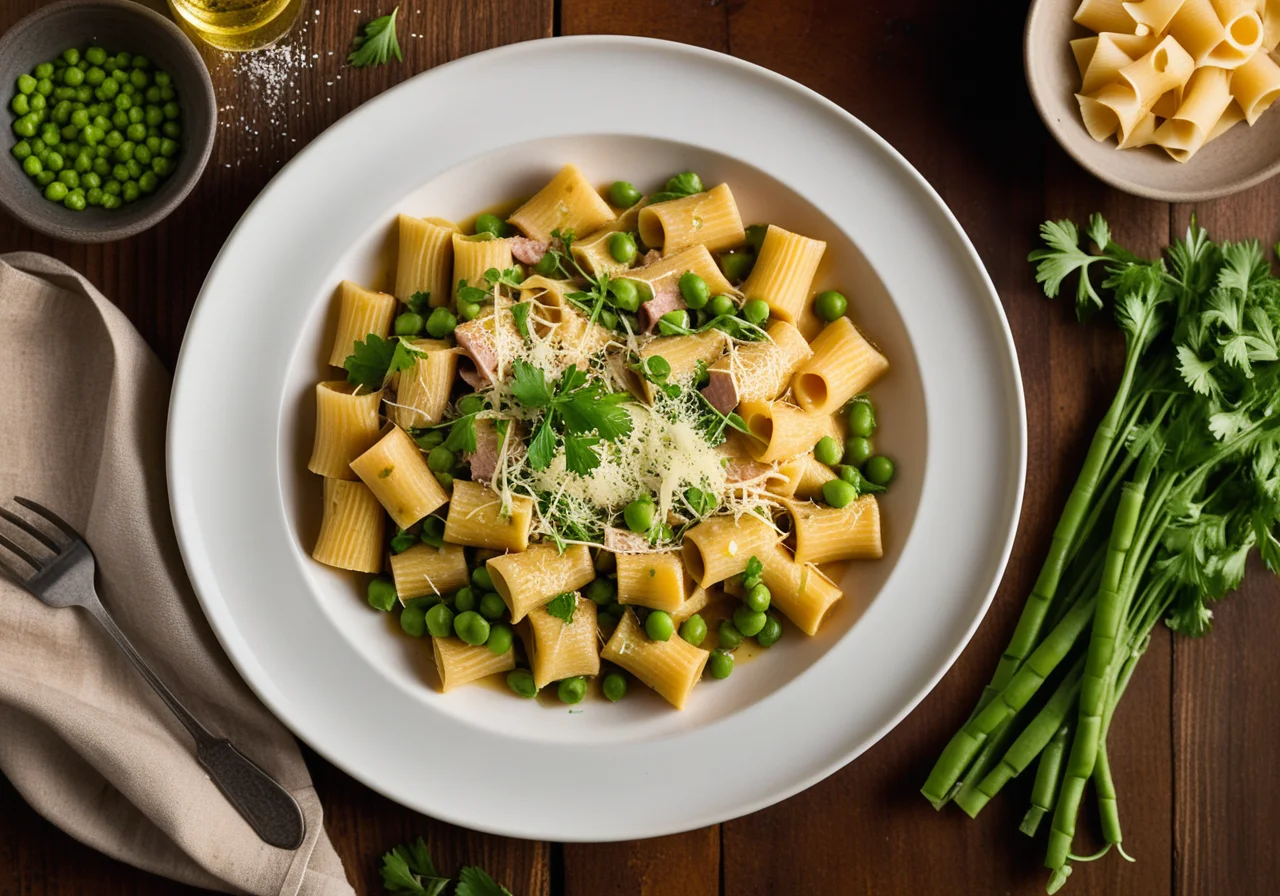 Pasta with Turkey Ham and Pea Sauce (Carbonara)