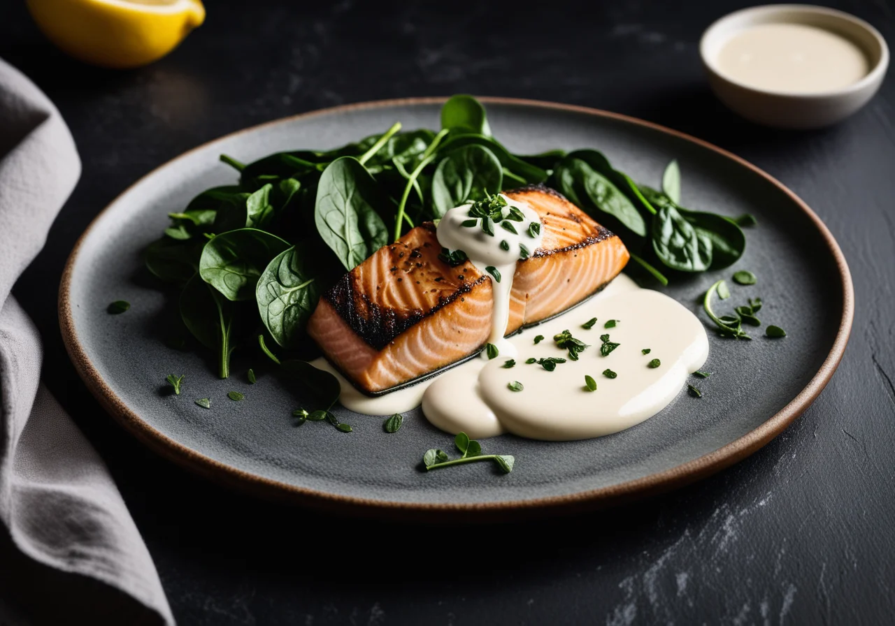 Salmon with Yogurt Sauce and Spinach