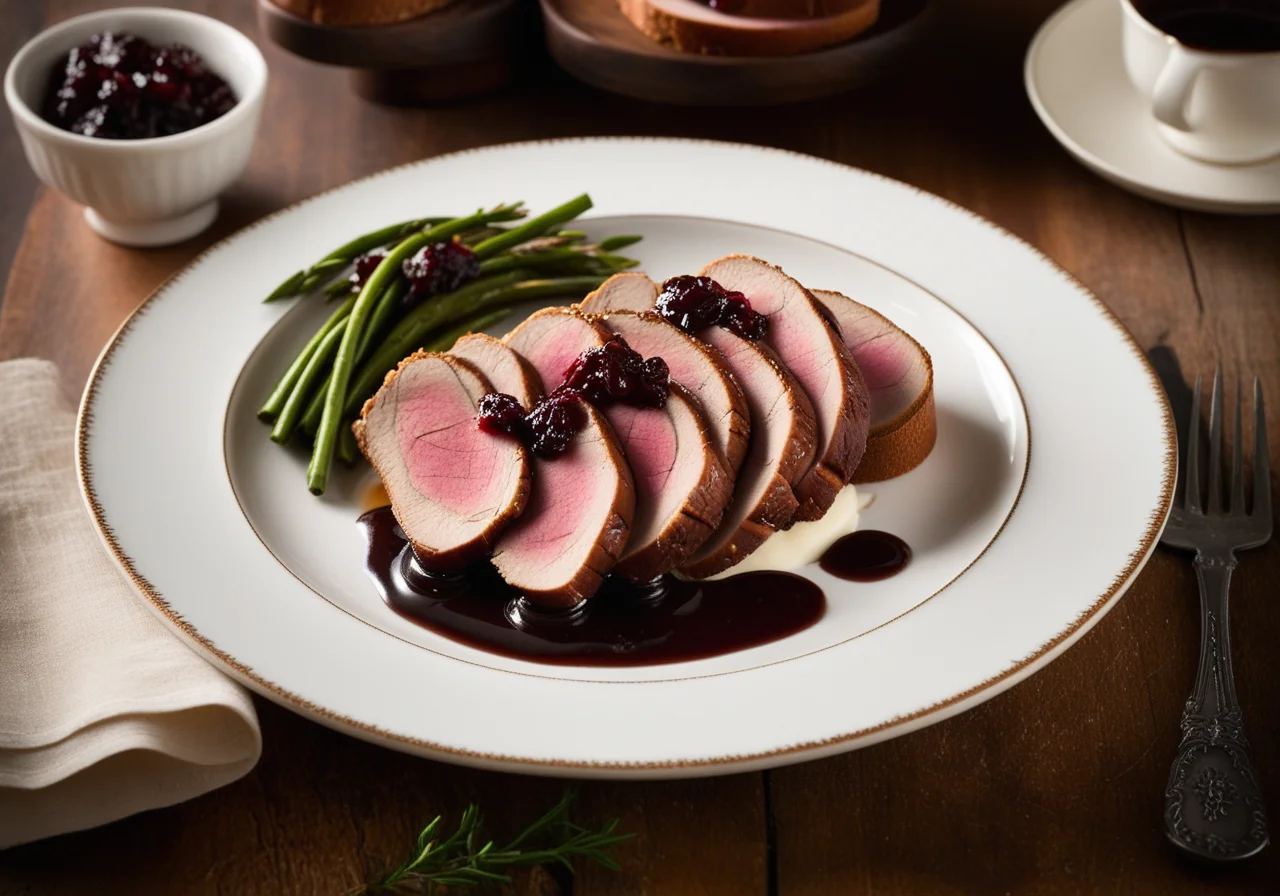 Duck Breast with Braised Onions, Raisins and Spiced Bread