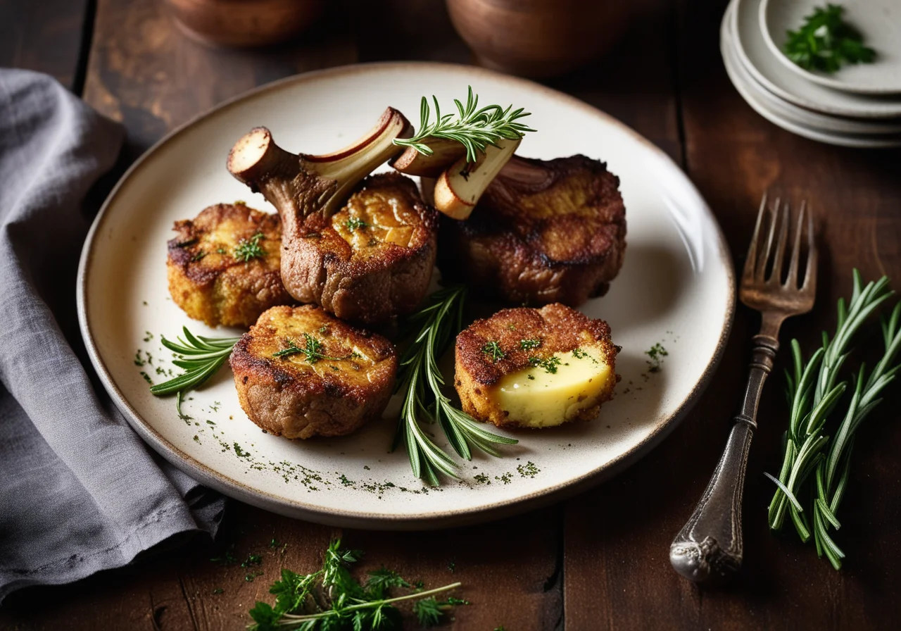 Lamb chops with rosemary crust and potato cakes