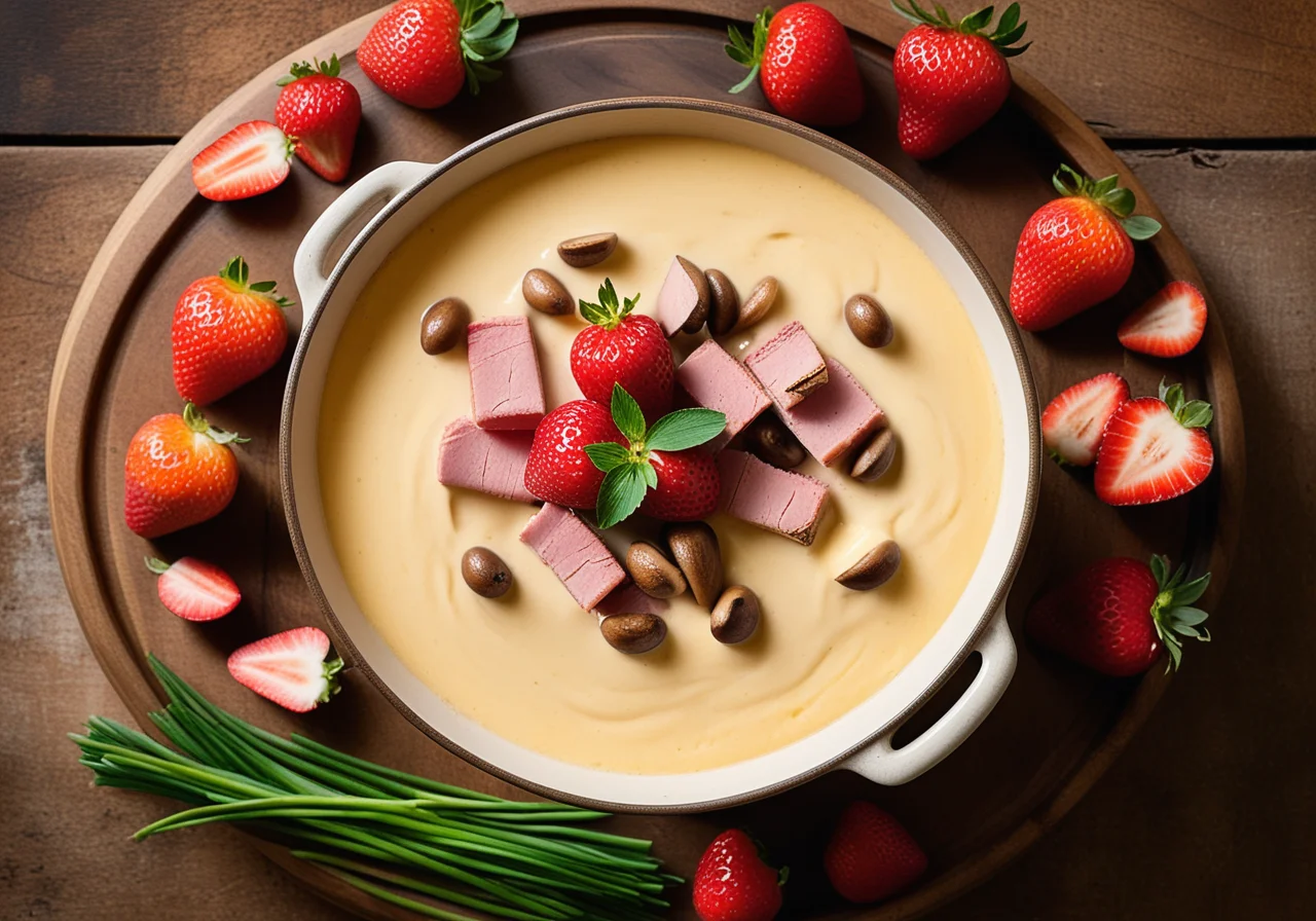 Cheese Fondue with Bread, Fruits and Mushrooms