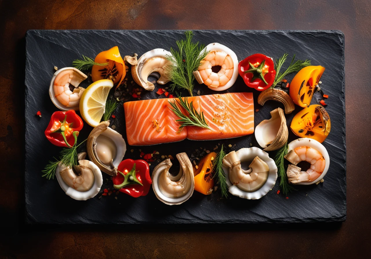 Fish and Vegetables Grilled on a Hot Stone