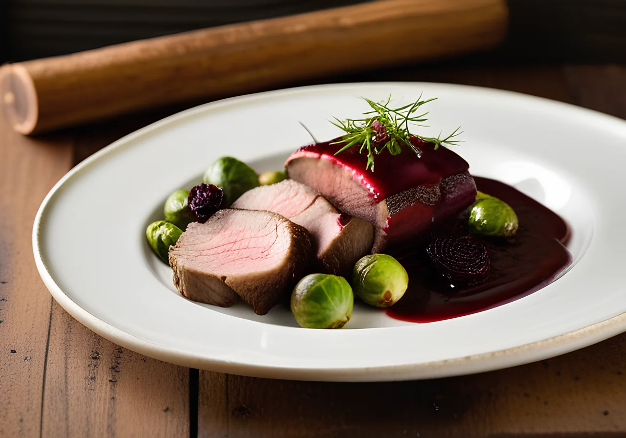 Reindeer Tenderloin with Brussels Sprouts, Lingonberry Sauce and Celery Bake