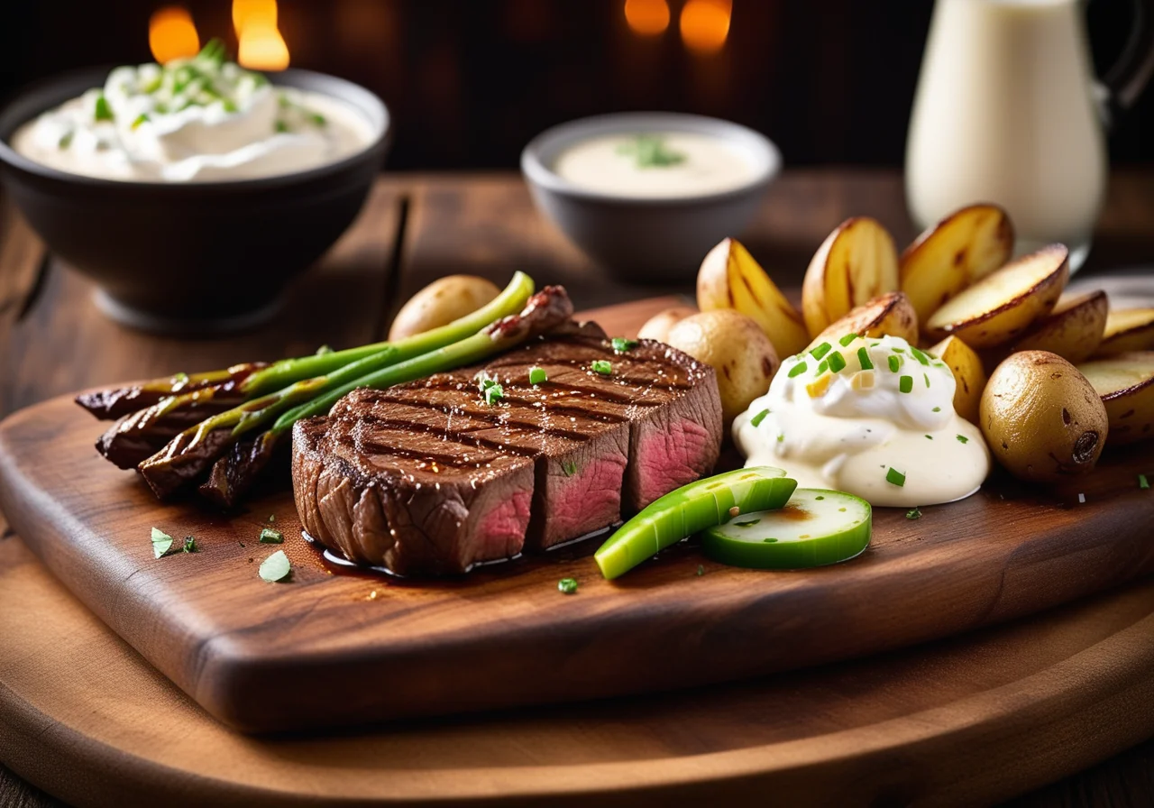 Grilled Sirloin Steak with Roasted Potatoes and Sour Cream