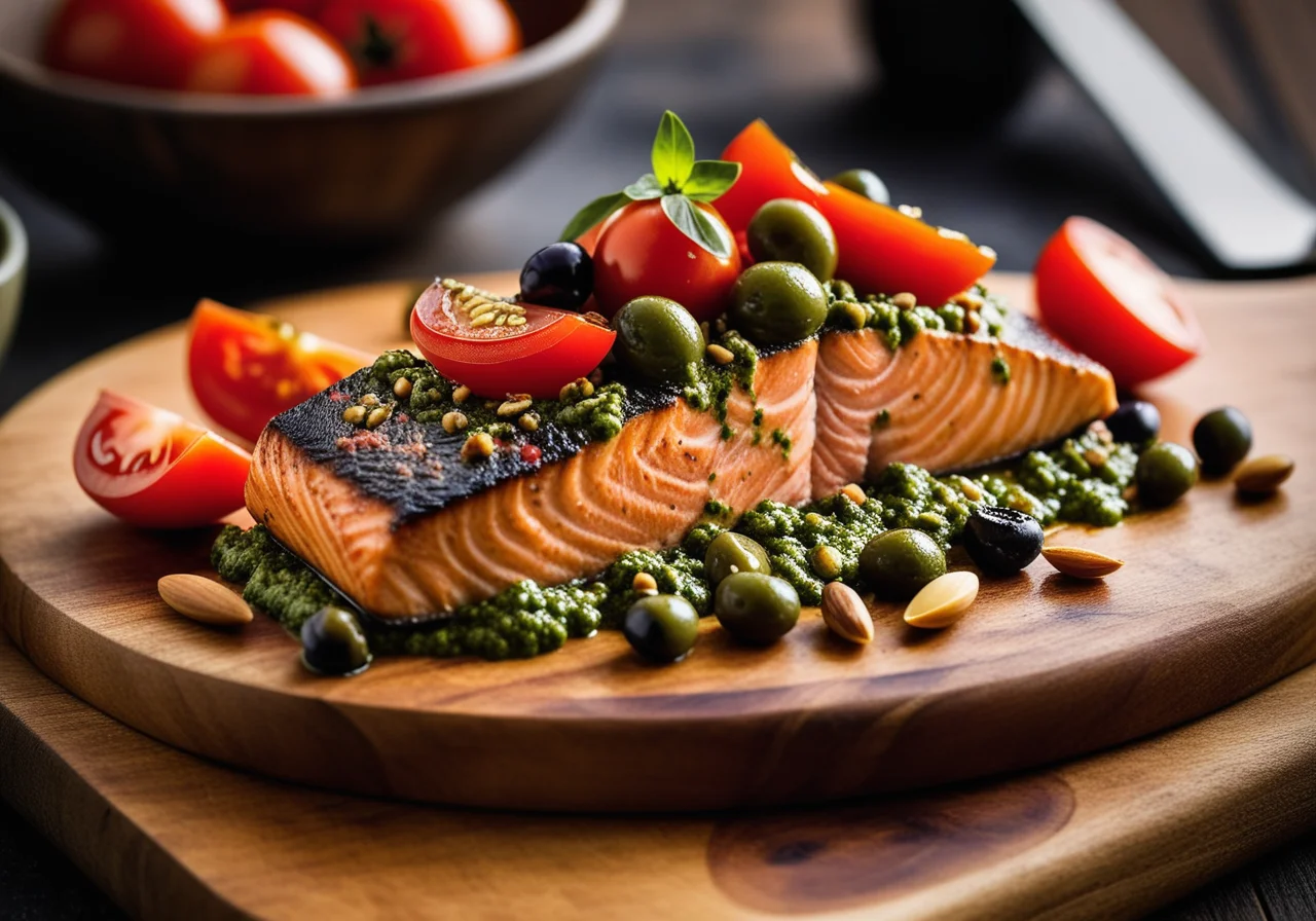 Salmon Under a Pesto Cap on Tomato-Olive Sauce