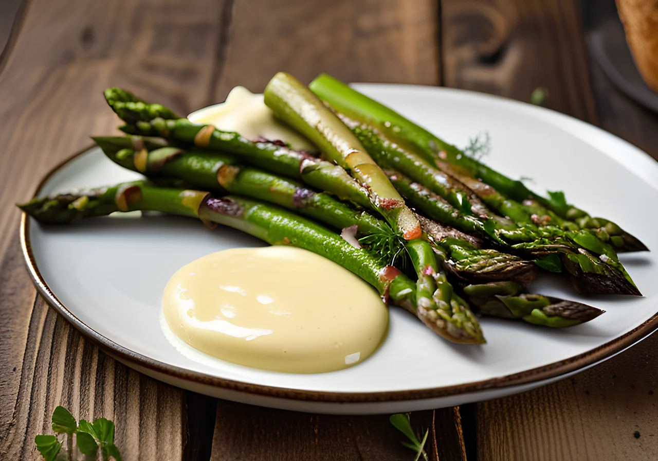 Grilled Asparagus with Parmesan Sabayon and Small Pan-Fried Cakes