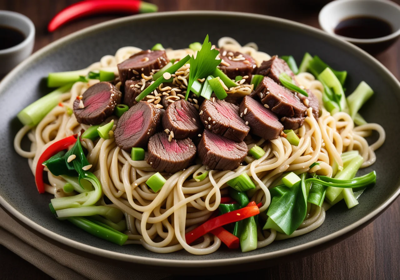 Asian Noodles with Beef Strips and Vegetables