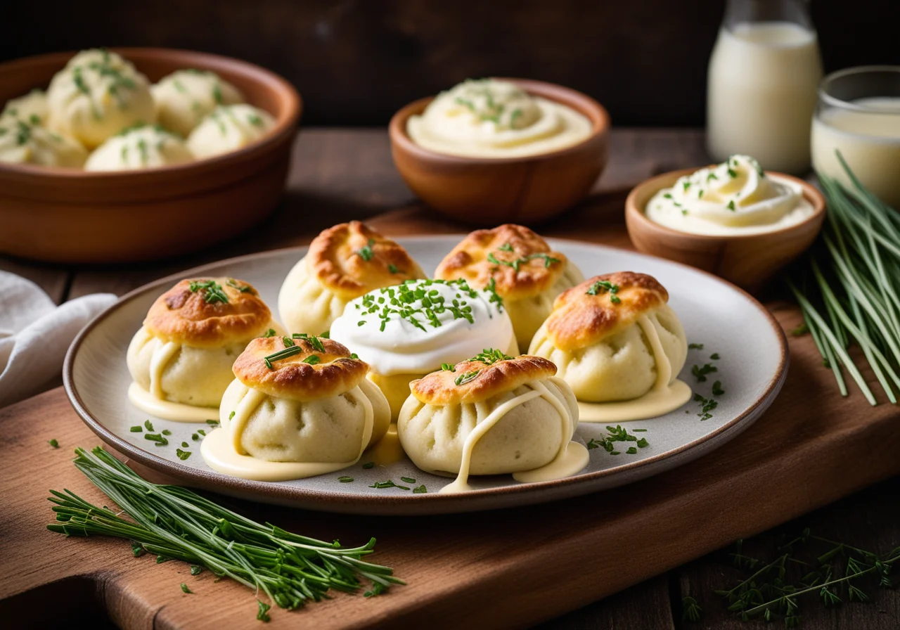 Filled Dough Dumplings (Piroggen) with Sour Cream and Chives