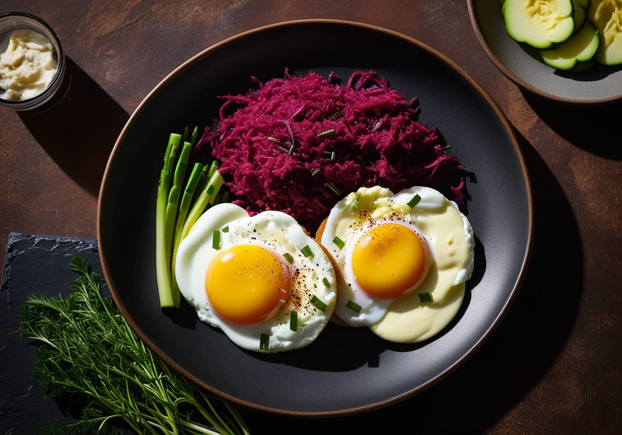 Labskaus with smoked fish, beetroot, cucumbers, onions and egg