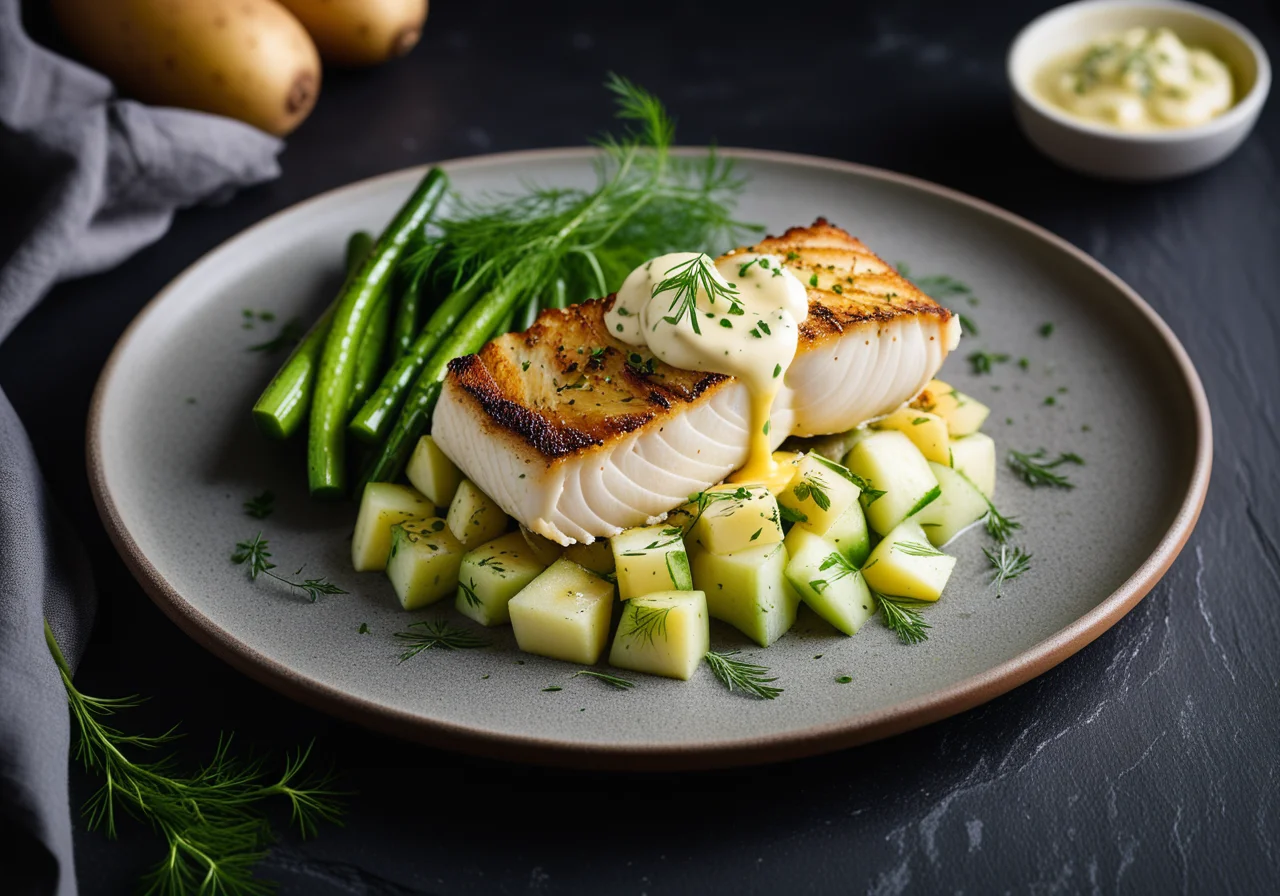 Baked fish with potato cucumber salad and remoulade