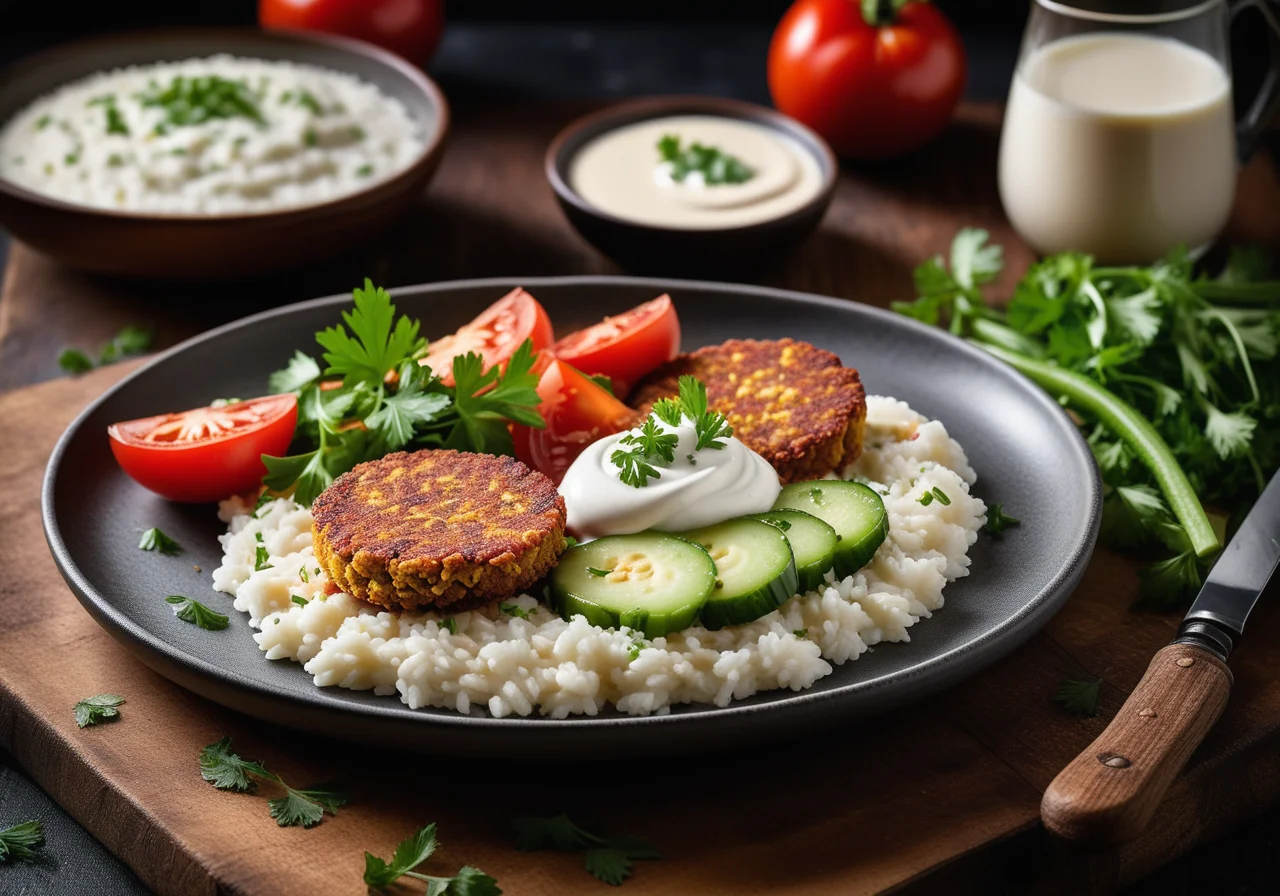 Panierte Gemüsebratlinge mit Reis und Sauce