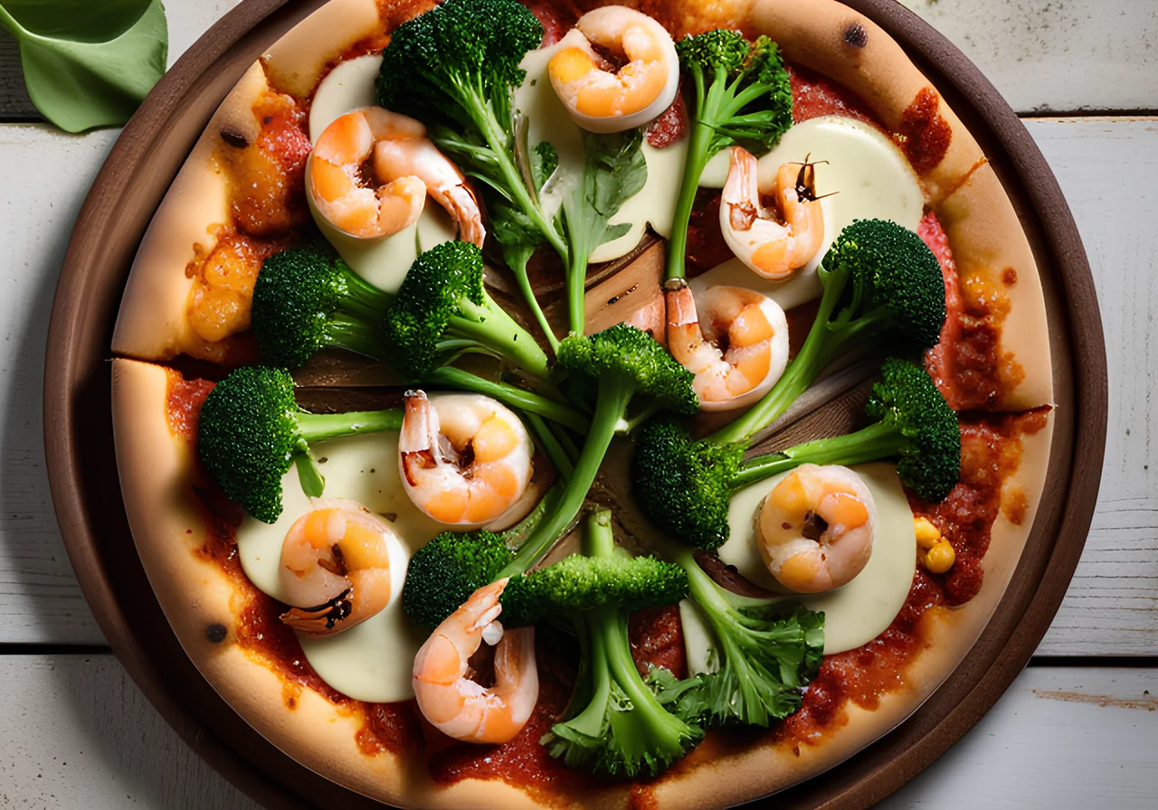 Spelt Whole Grain Pizza Rounds with Broccoli, Corn, Prawns and Mozzarella