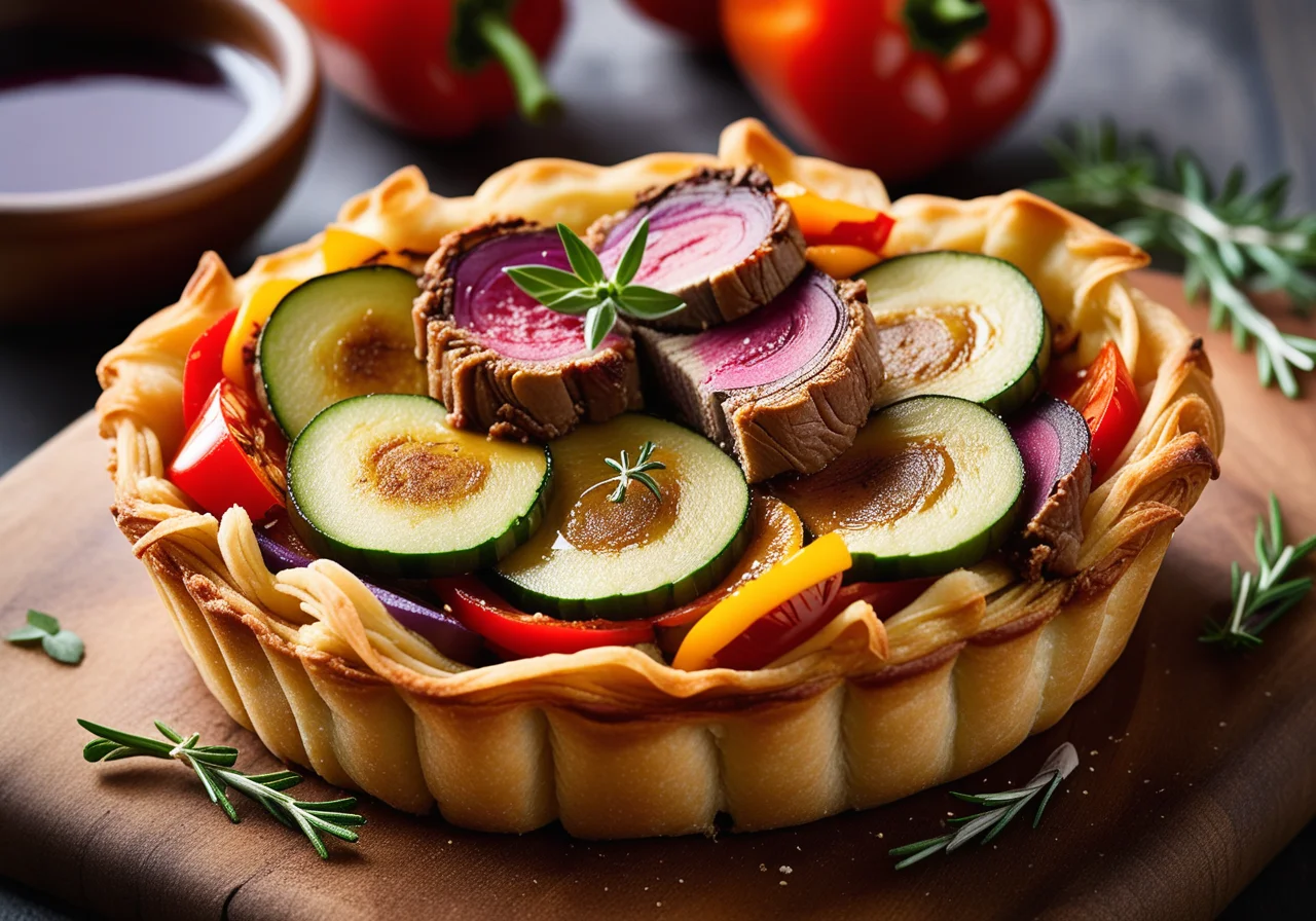 Small Ratatouille Quiche with Lamb and Rosemary Wine Sauce