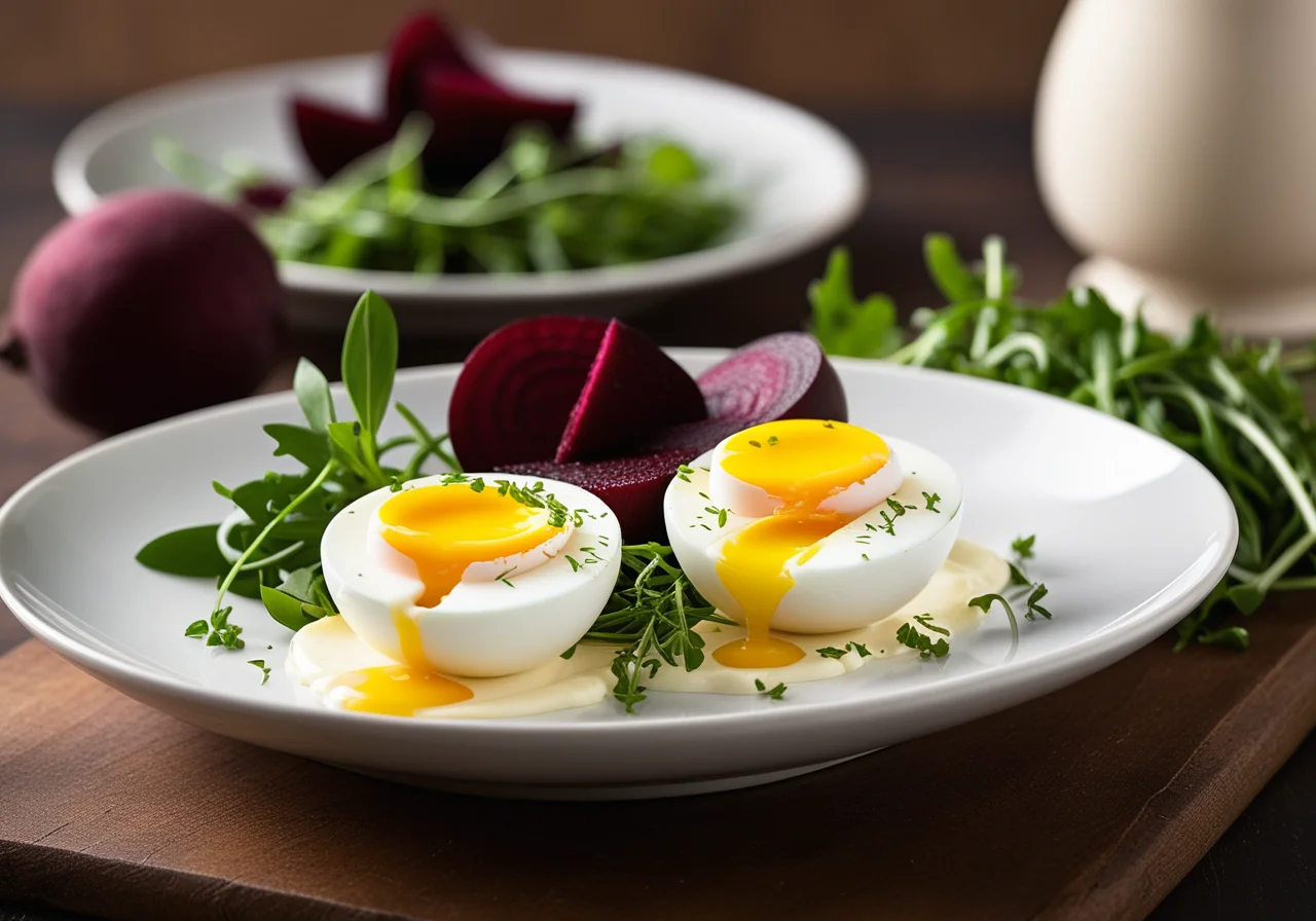 Eggs in Mayonnaise with Horseradish, Beetroot, and Sprouts