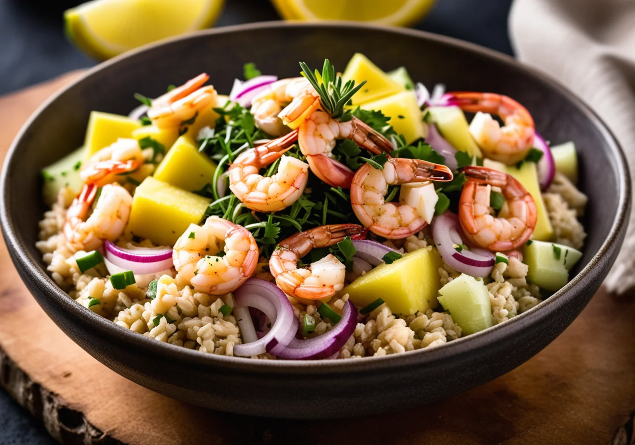 Wheat Salad with Shrimp and Garlic Sauce