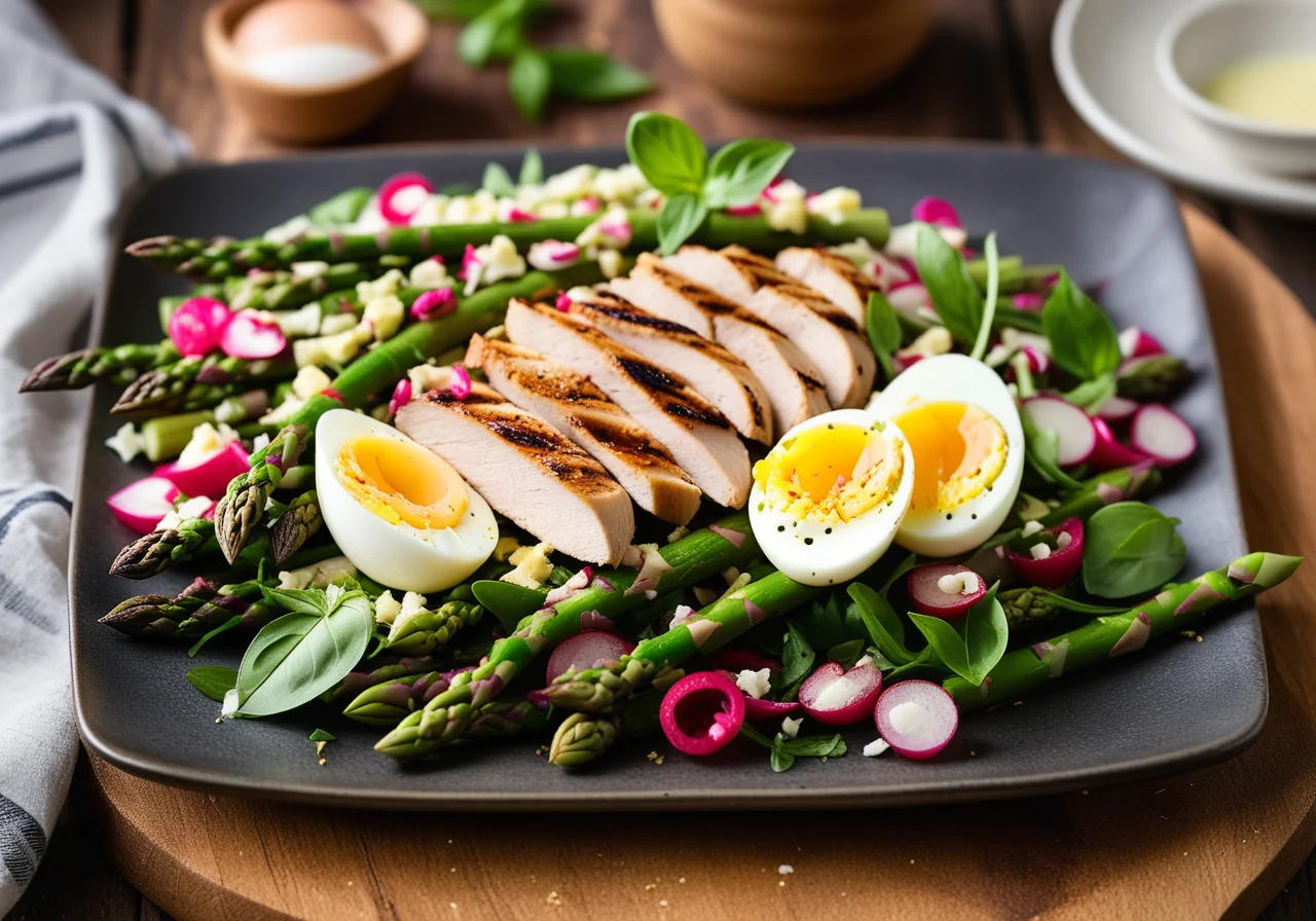 Warm asparagus salad with chicken breast