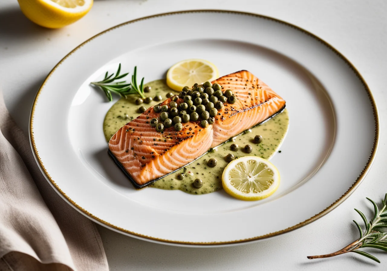 Salmon with green peppercorns and capers