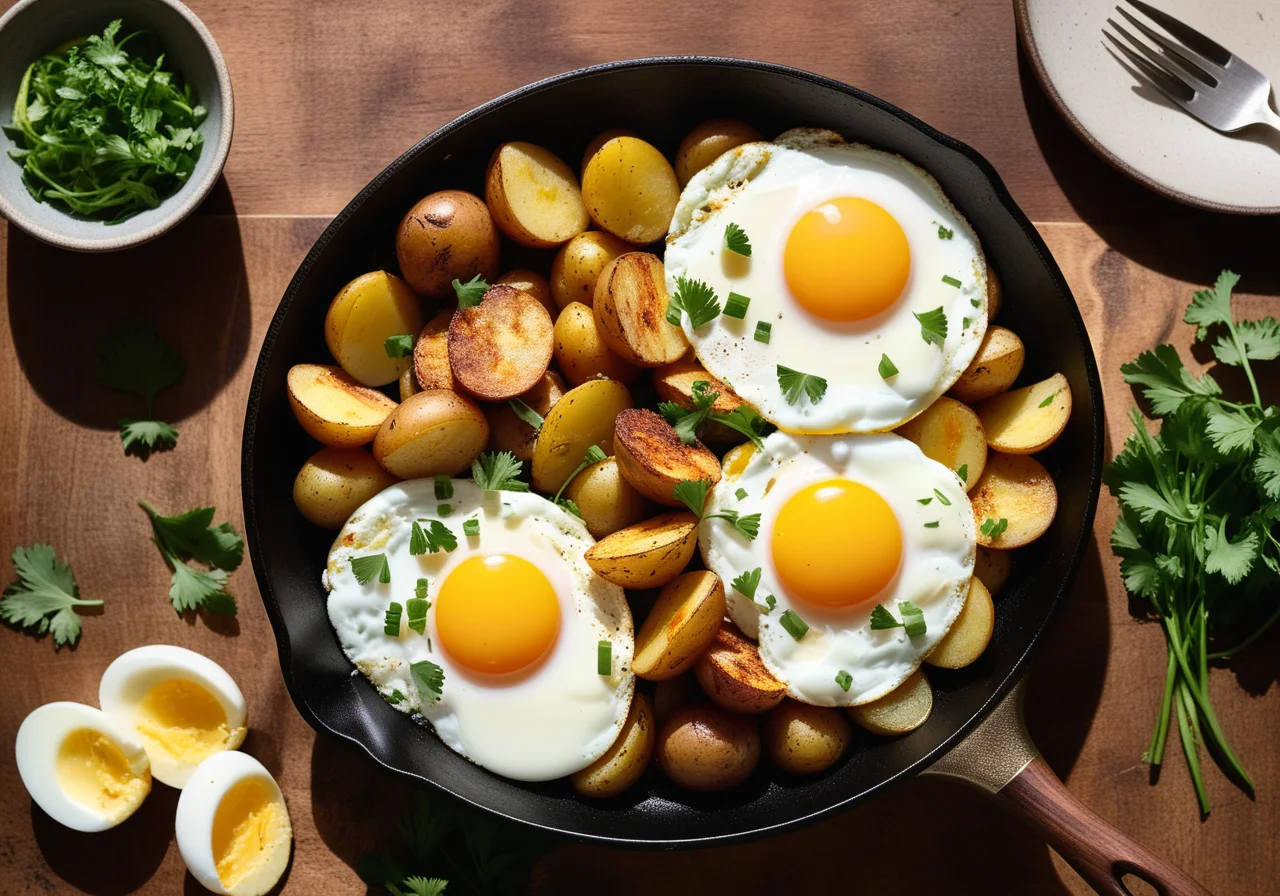 Fried Potatoes with Indian Spices and Fried Eggs