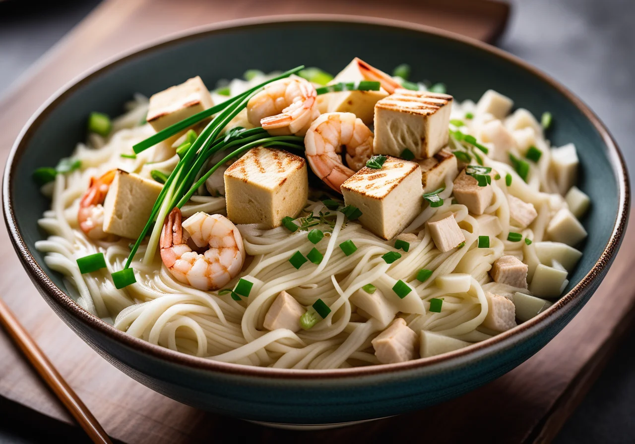 Rice Noodles with Tofu, Shrimp, Chicken and Coconut Sauce