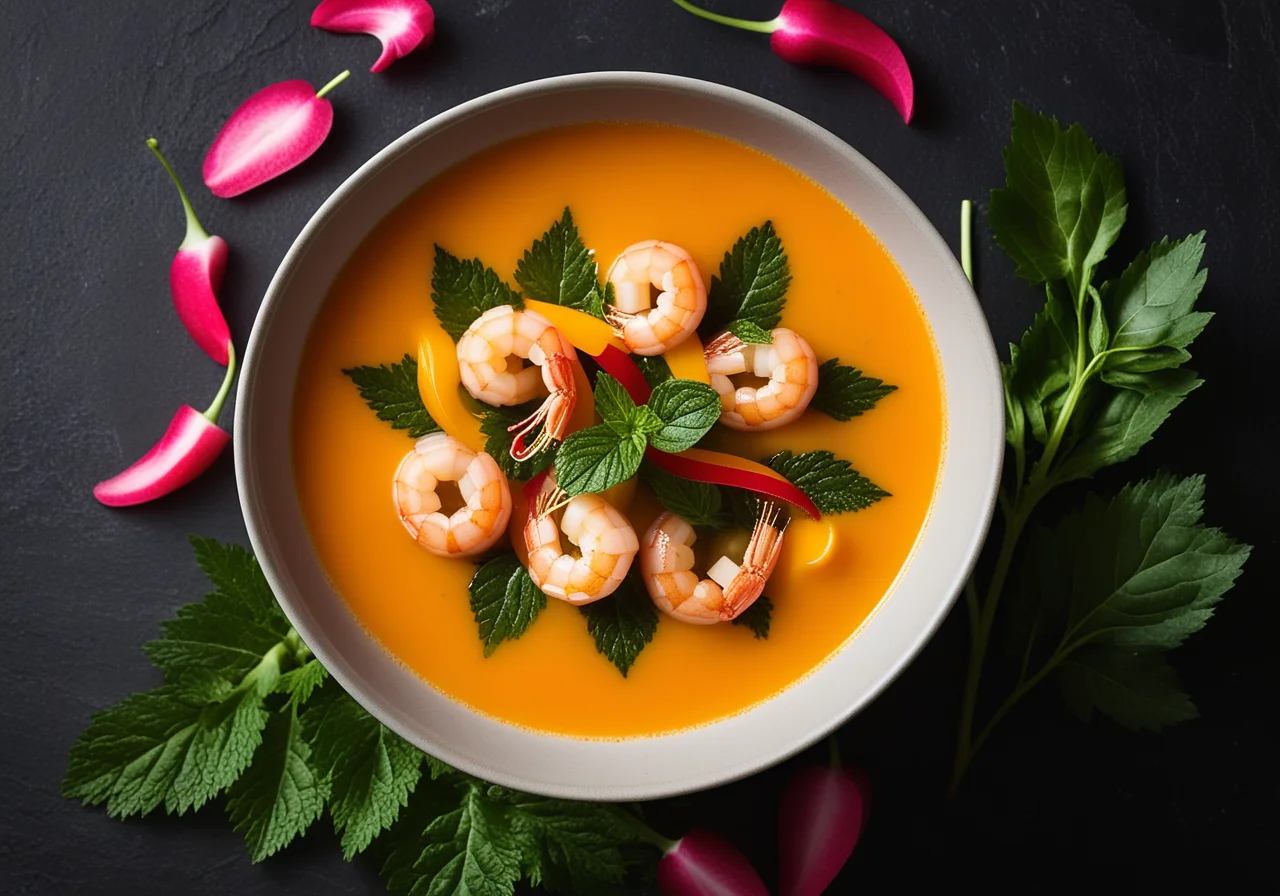 Papaya-Paprika Soup with Mustard Shrimp