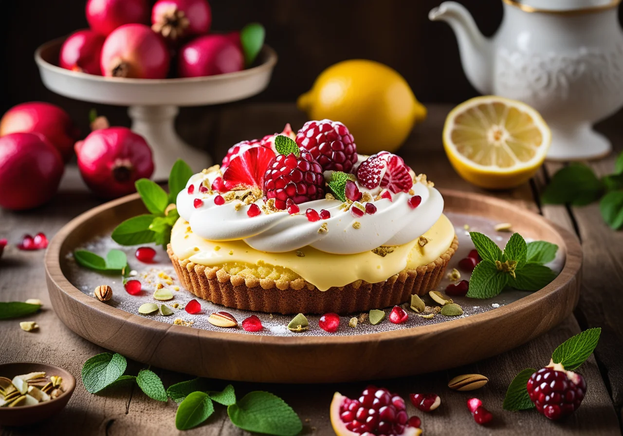 Lemon Ice Cream Cake with Meringue and Pomegranate