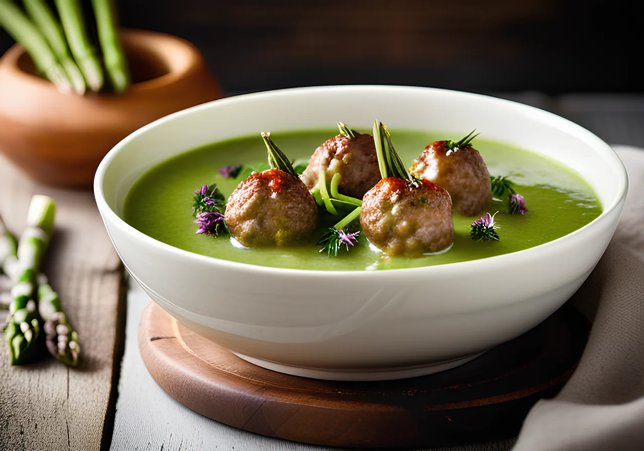 Green Asparagus Soup with Meatballs