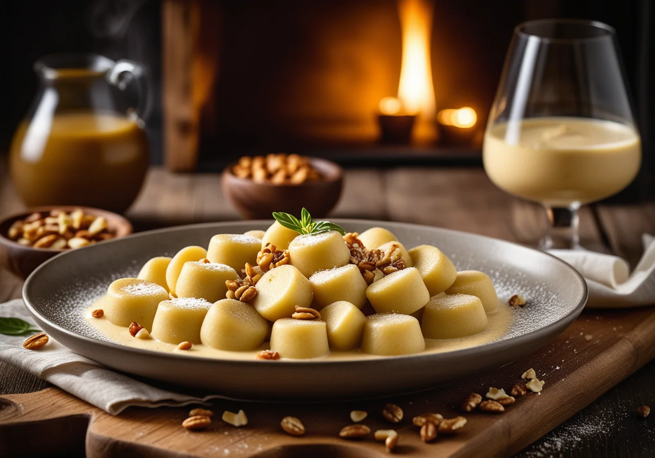 Potato Gnocchi with Cheese Sauce and Pine Nuts