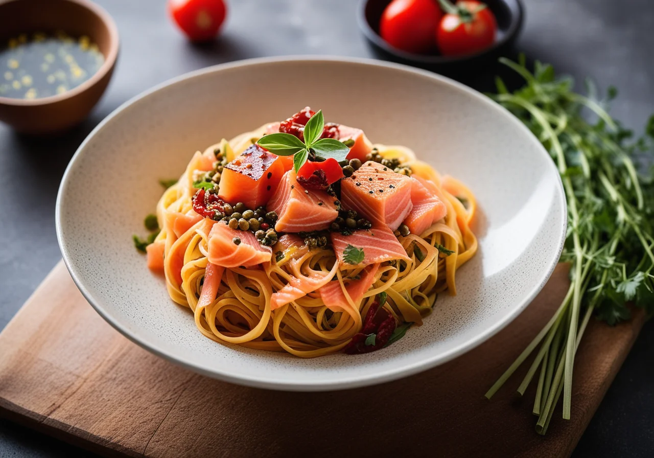 Rice Ribbon Noodles with Salmon and Sun-Dried Tomatoes
