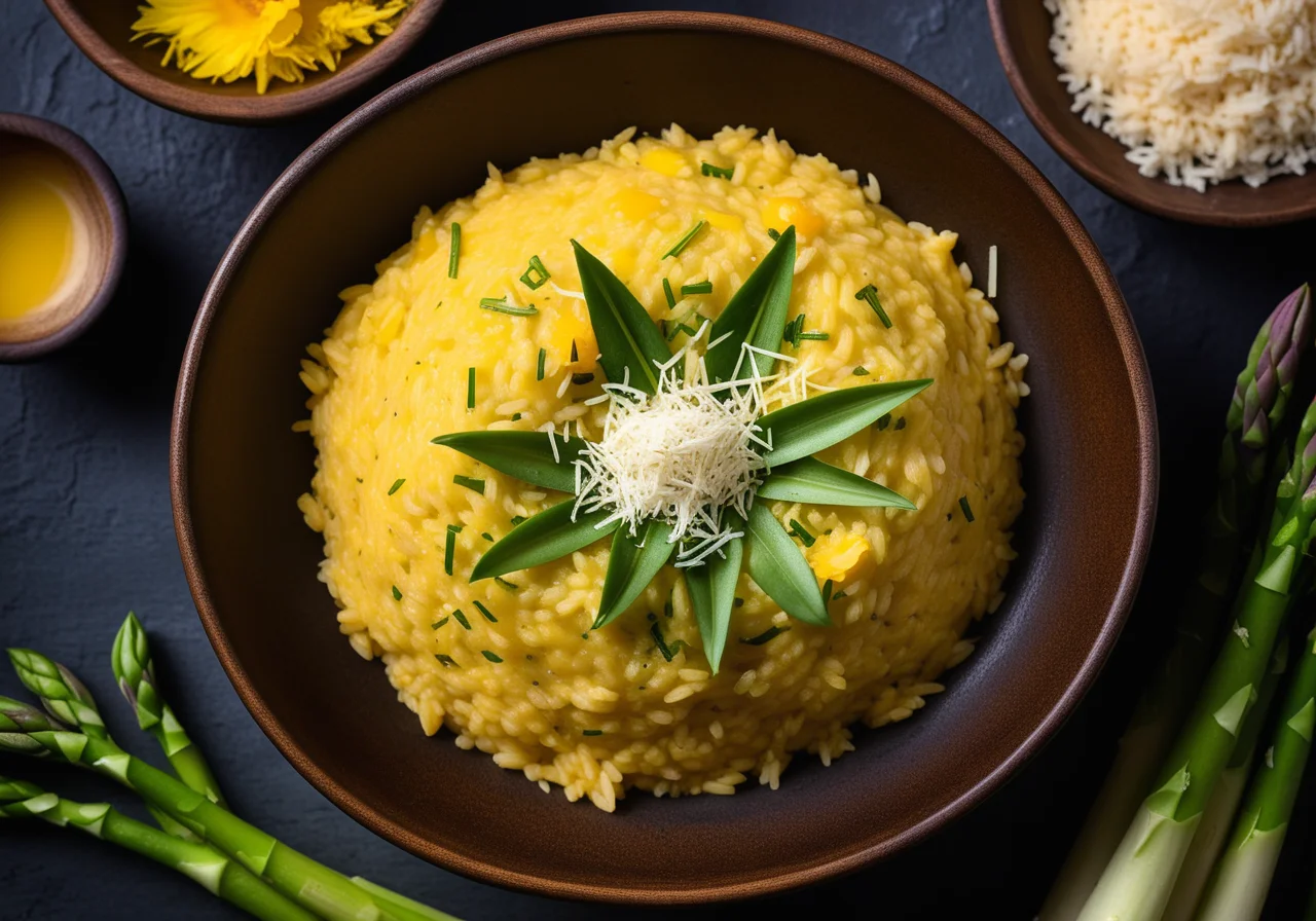 Saffron Risotto with Asparagus and Zucchini Flowers