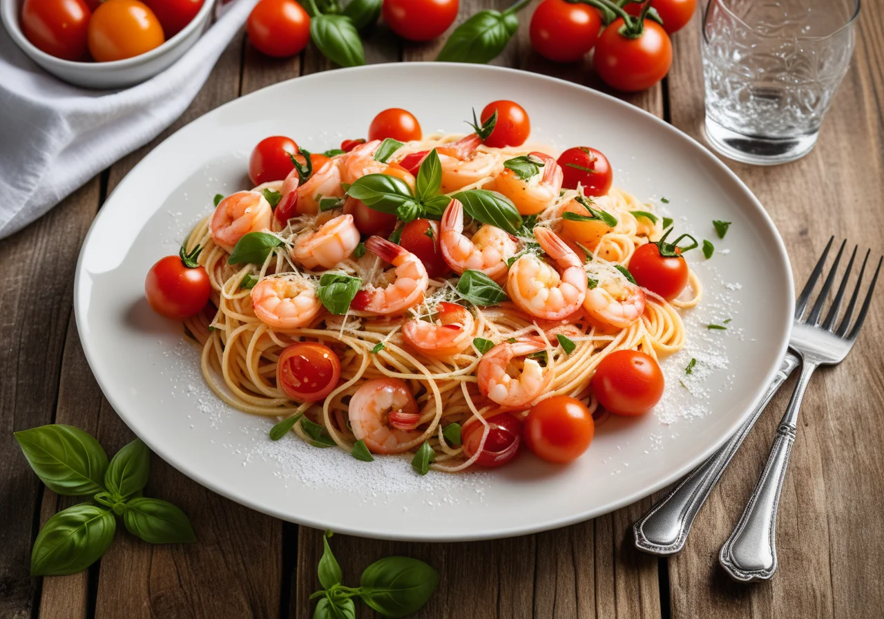 Spaghetti with Jumbo Shrimp and Cherry Tomatoes