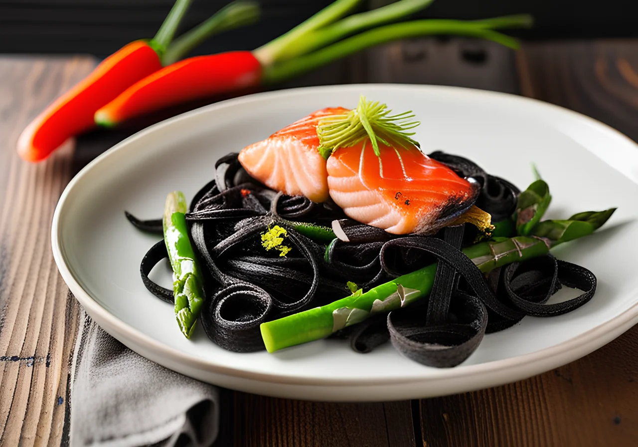 Black Tagliatelle with Salmon and Green Asparagus