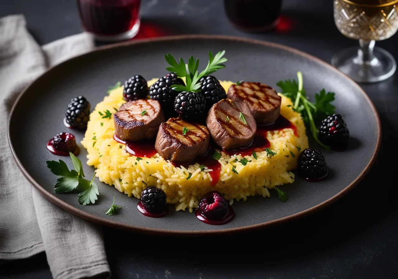 Lamb Chops with Blackberry Sauce and Saffron Rice