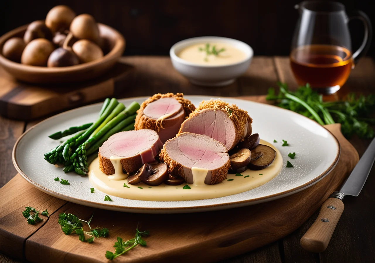 Cordon Bleu from veal with mushroom spring onion vegetables