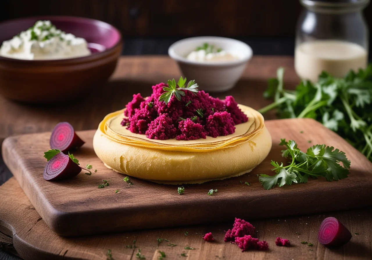 Baked Crepe with Ground Meat, Beetroot and Feta