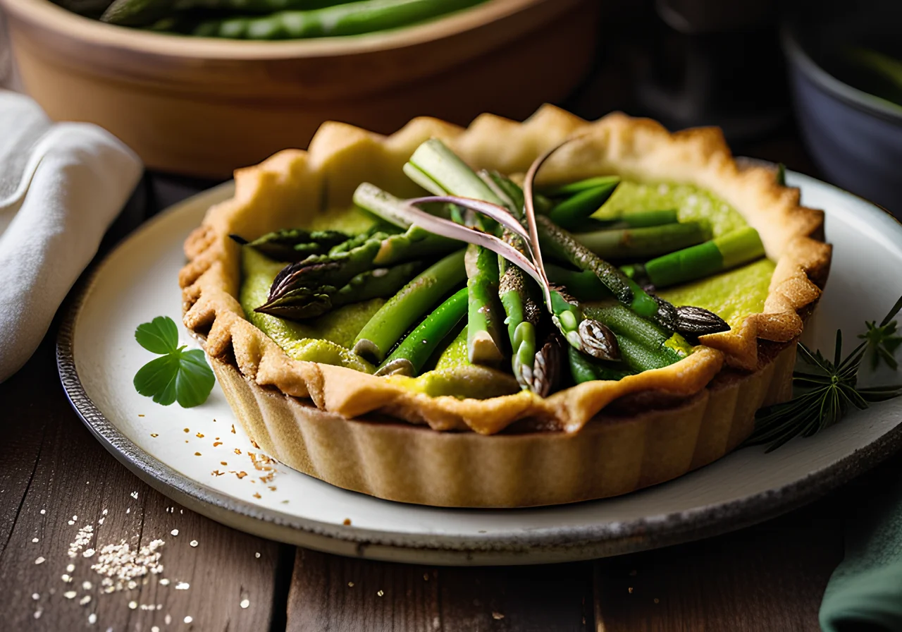 Shortcrust Pastry Pie with Green Asparagus, Potatoes, and Wild Garlic