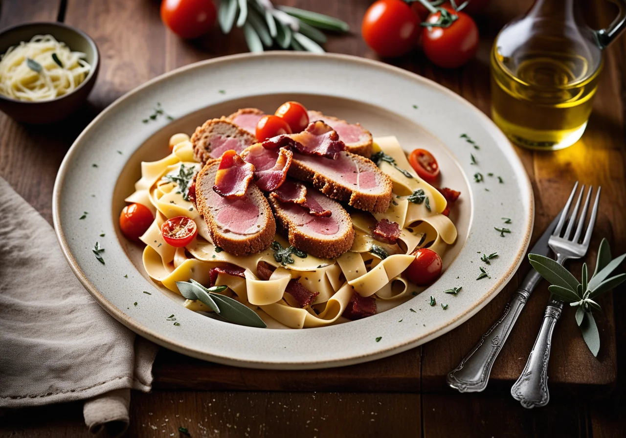 Veal Schnitzel with Bacon and Sage (Saltimbocca) with Tagliatelle