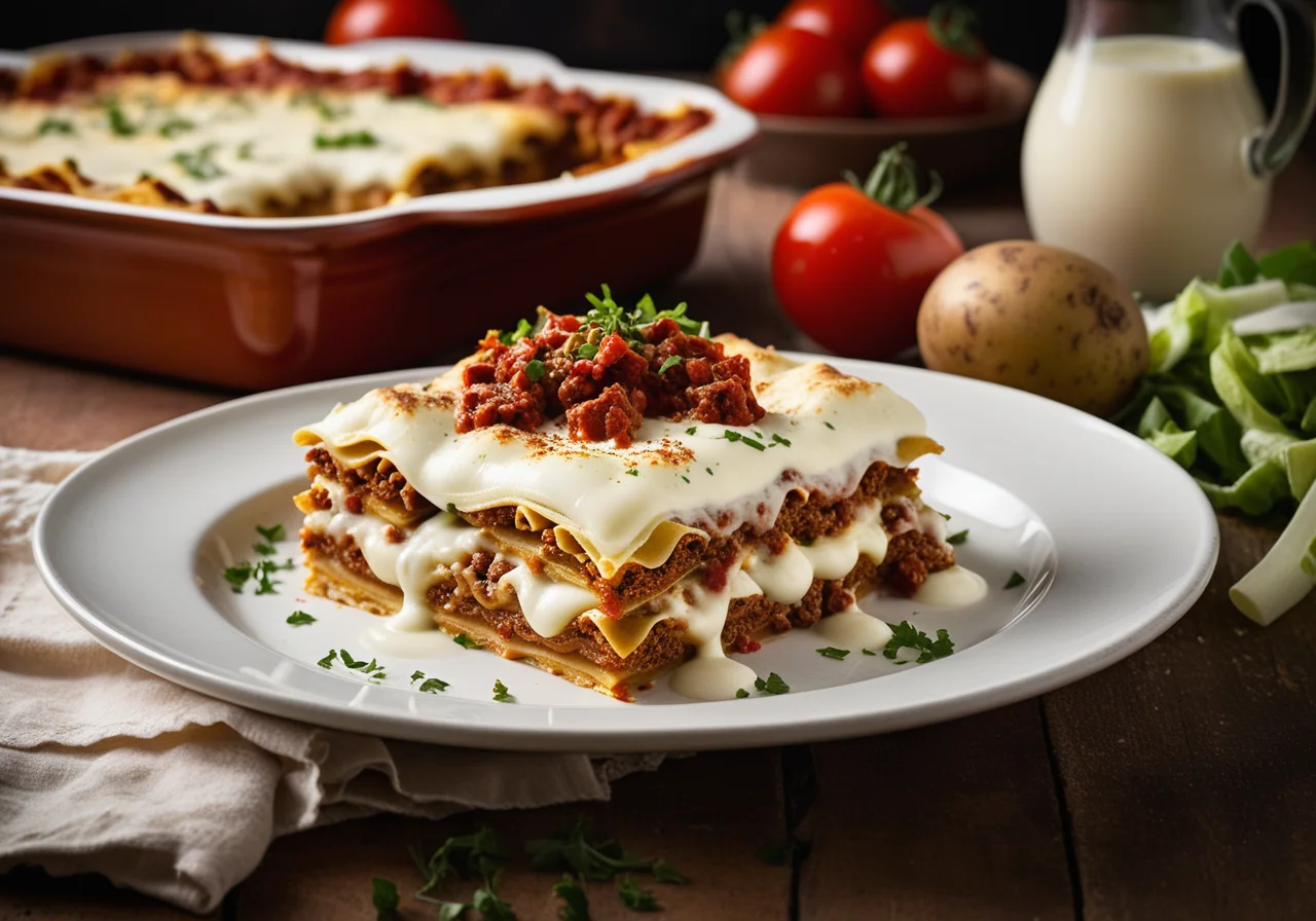 Hack Lasagna with Salad Leaves and Potatoes