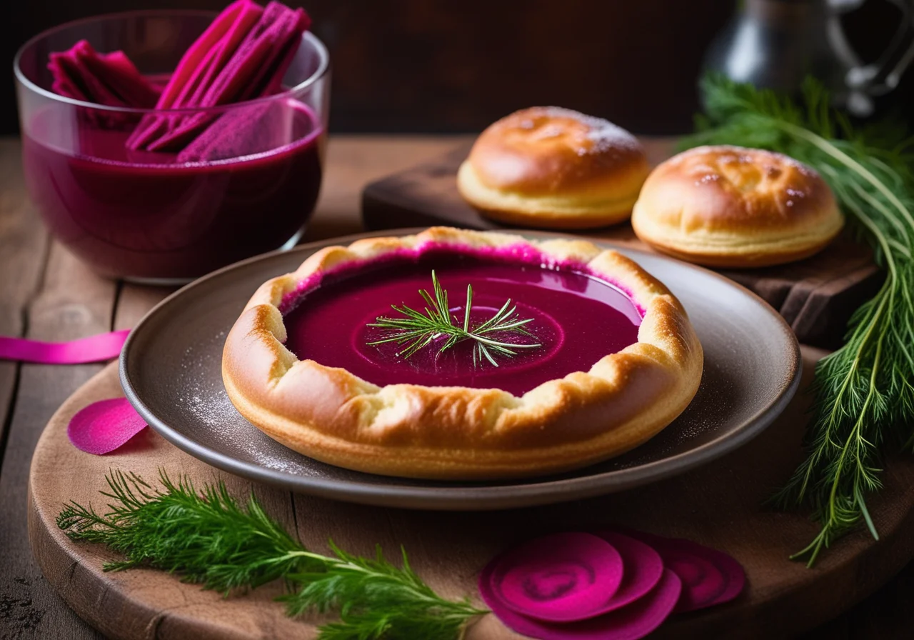 Bouillon with Beetroot and Puff Pastry Pirozhki