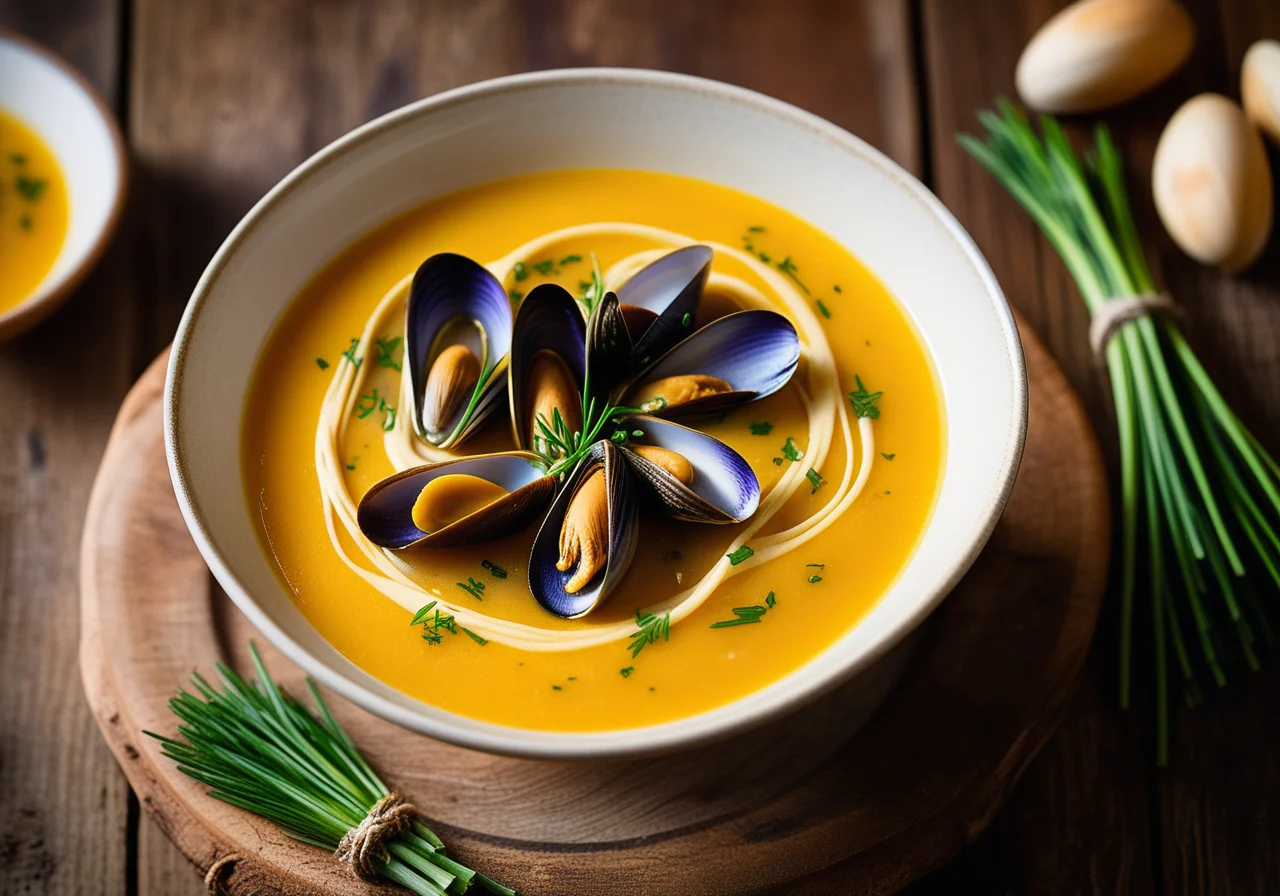 Spanish-Style Mussel Soup with Saffron and Chives