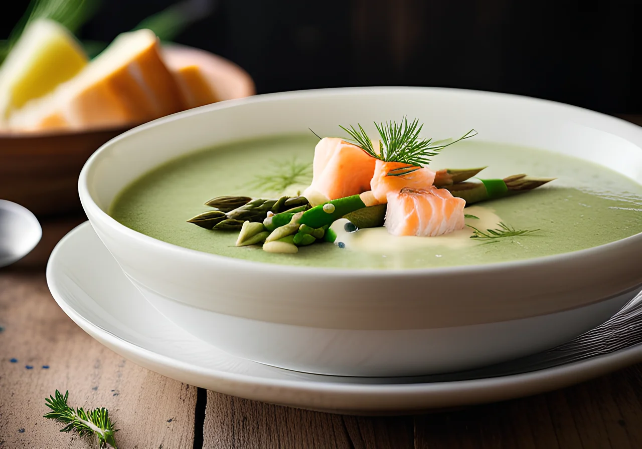 Asparagus Soup with Peas and Salmon