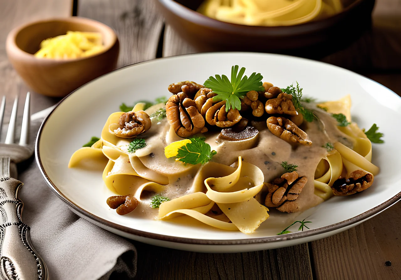 Tagliatelle with Mushroom Sauce and Walnuts