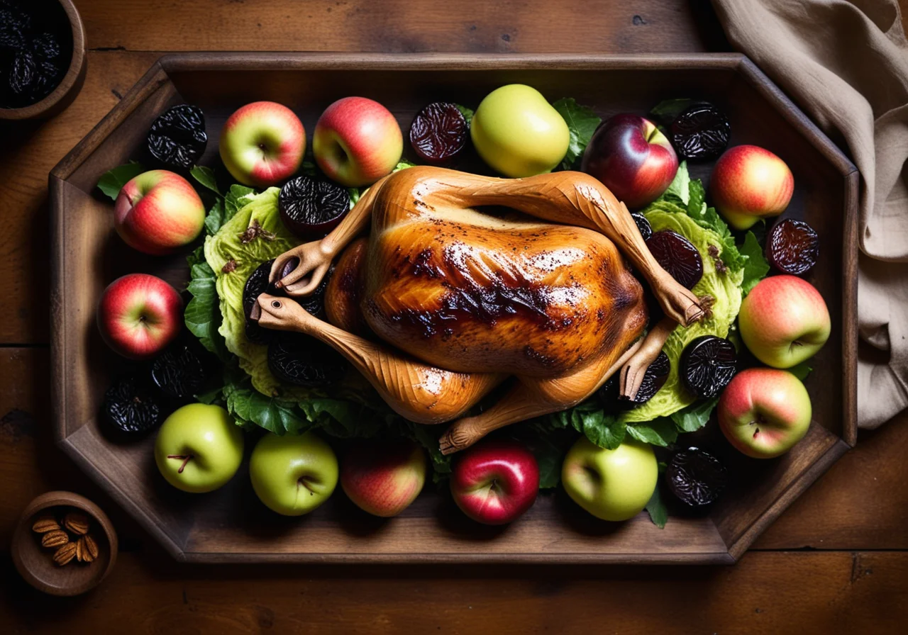 Roast Goose with Stuffed Dried Prunes, Savoy Cabbage and Sautéed Apples