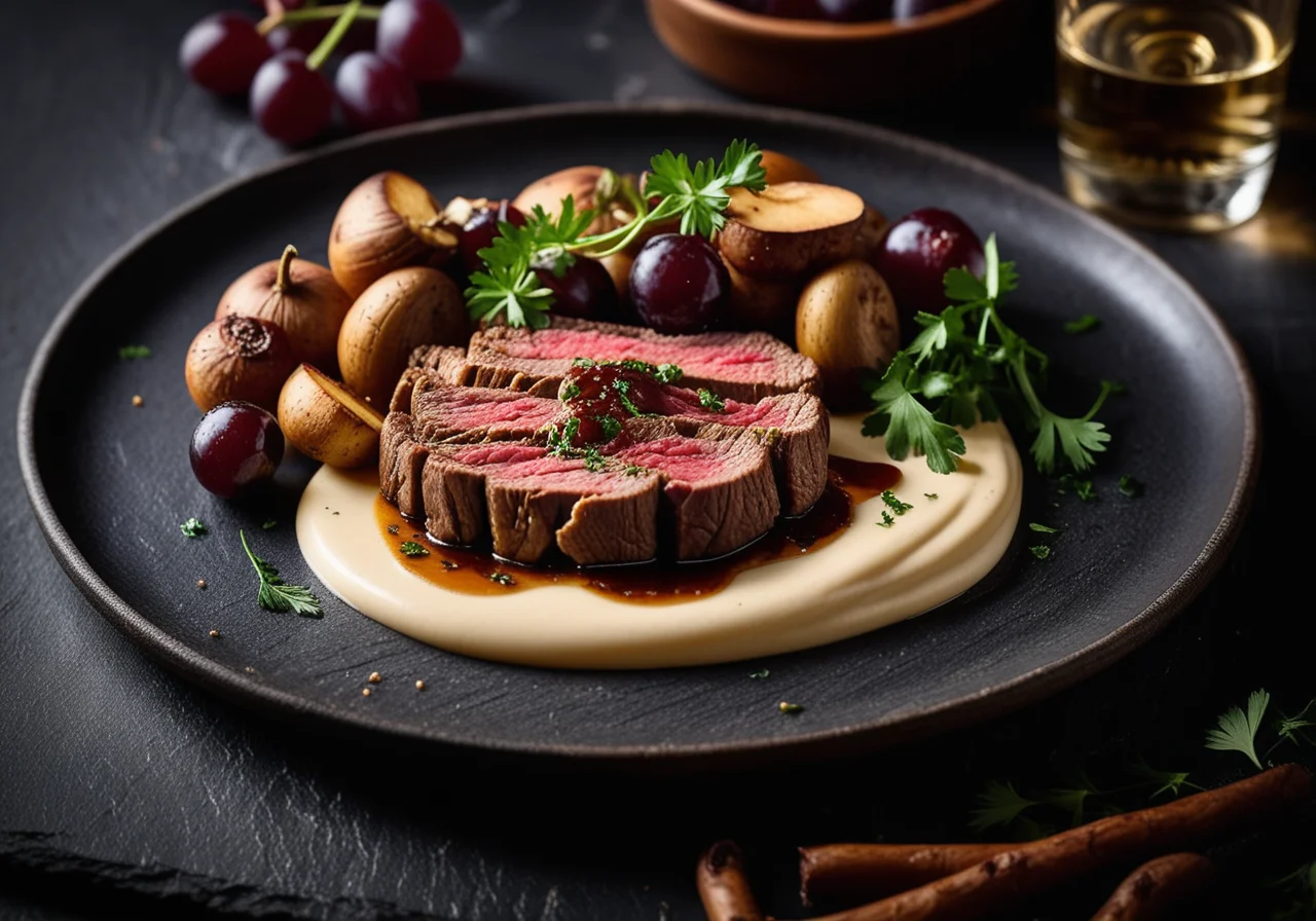 Straw Steak with Grapes and Porcini