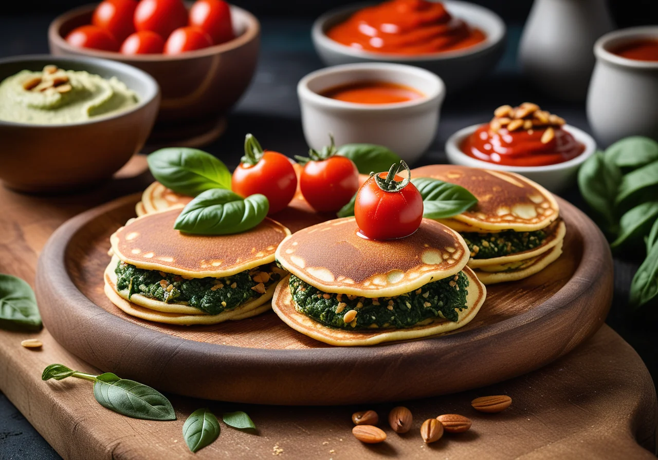 Fluffy Spinach and Ham Pancakes with Tomato Sauce